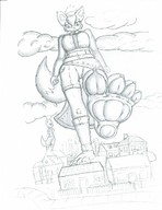 drawing furry city monochrome destruction toes barefoot soles smiling paws foot_crush looking_down giantesses fox_girl imminent_crush looking_at_tiny snafukurlkal