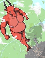 breasts drawing nipples nude horns mega destruction claws barefoot cleavage castle smiling navel foot_crush muscles belly kaiju looking_at_tiny starforge sixsydes