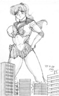 drawing female giantess city mega long_hair destruction skirt anime huge_breasts ponytail uniform pen_paper women gerald_nog sailor_jupiter