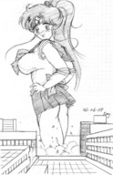 drawing female giantess city mega long_hair butt destruction skirt anime ponytail uniform pen_paper women gerald_nog