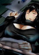 drawing sleeping black_hair color cleavage lying_down shrunken_person indoors mejiro メジロ