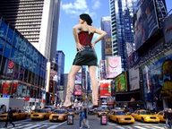 giantess collage city mega butt skirt traffic buildings streets vehicles sky tattoo new_york_city hands_on_hips between_buildings street_view times_square georgedean