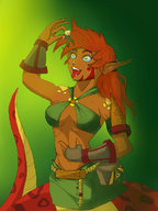 drawing giantess vore color tongue yellow_eyes elf open_mouth dangle tan tattoo snake_girl orange_hair rubbing_belly looking_at_tiny pointed_ears prissjoy