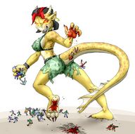 breasts drawing giantess furry horns tail claws handheld toes barefoot soles red_eyes blood smiling unknown_artist foot_crush looking_down foot_print cruel hand_crush thighs ankles crowds source_needed sharp_teeth kaiju looking_at_tiny