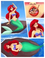 drawing vore color long_hair handheld water ocean saliva mermaid red_hair shrunken_men shrunken_man inside_mouth dangle swallowed disney ariel the_little_mermaid seagulls