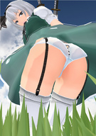 upskirt blonde touhou unknown_artist shrunken_woman looking_down grass grey_hair point_of_view source_needed marisa_kirisame stuck_to_butt digital_render