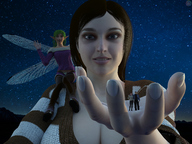 drawing handheld cleavage finger fairy couple palm night looking_at_viewer stars