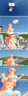 gentle giantess city swimsuit blue_eyes cleavage smiling story red_hair navel belly airplane open_mouth falling captions looking_at_tiny digital_render chilledcubchoo daichianimegod between_breasts