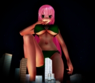giantess city cleavage green_eyes pink_hair legs night point_of_view looking_at_viewer stars digital_render