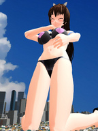 blushing city mega swimsuit destruction cleavage cat_ears brunette smiling kneeling navel belly thighs digital_render chaosknightxz between_breasts