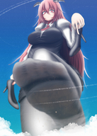 drawing giantess giga color touhou shoes stockings socks demoness koakuma clouds stars source_needed holding_shoes