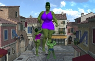 giantess mega barefoot buildings huge_breasts multiple_sizes green_hair giantesses hulk digital_render she-hulk big-elsa marvel_comics