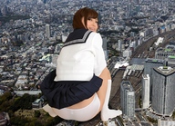 collage panties city skirt socks asian unknown_artist squatting uniform skyscraper downward_angle