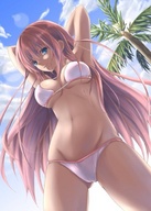 drawing swimsuit blue_eyes cleavage anime low_angle smiling camel_toe red_hair unknown_artist navel belly looking_down thighs point_of_view looking_at_viewer source_needed perspective