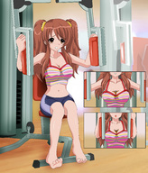 drawing color exercise cleavage breast_crush brunette sweat yellow_eyes short_hair shrunken_men shorts shrunken_man top bane cramous the_melancholy_of_haruhi_suzumiya mikuru_asahina weight_set between_breasts