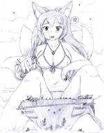 drawing giantess vore monochrome swimsuit destruction handheld sitting heart jets vehicle_vore fox_girl aircraft_carrier hank88 chewing cysh_aizen