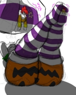 drawing giantess color huge_breasts sketch trapped striped_stockings voluptuous between_feet thaddeusmcboosh halloween_panties