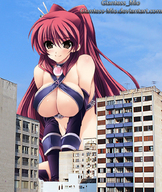 drawing giantess collage city cleavage anime brown_eyes smiling red_hair sitting navel belly choker looking_at_viewer giantess_mio kousaka_tamaki