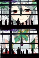 giantess white_hair color buildings anime red_eyes green_hair looking_down silhouettes windows looking_out_building
