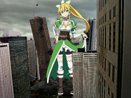 drawing giantess collage city blonde color long_hair destruction green_eyes smiling boots skyscraper looking_at_viewer umbamabumba9087 leafa