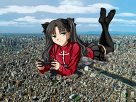drawing giantess collage city mega color destruction drawing_collage stockings unknown_artist skyscraper sky looking_at_viewer fate/stay_night rin_tohsaka fate_(series)