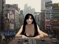 giantess collage city black_hair cleavage bra buildings lying_down vehicles giantess_mio tiny_mk digital_render