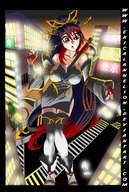 drawing growth giantess city color blue_eyes sword streets commission ericalannelson multicolored_hair kaguya_nanbu super_robot_wars_og_saga_endless_frontier