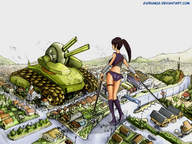 drawing giantess city mega color long_hair sword brunette military tank ponytail giorunog ninja_girl marcos_telias armlets