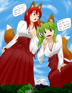 drawing giantess blushing color blue_eyes cleavage goddess green_hair red_hair giantesses fox_girl commission hank88 ydnkm shrine_maiden