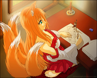 drawing tail blonde color long_hair barefoot green_eyes brunette sitting shrunken_woman indoors pencil_drawing fox_girl pointed_ears