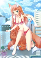 drawing giantess blushing city color long_hair swimsuit barefoot cleavage buildings green_eyes brunette kitsune streets fox_girl looking_at_viewer commission leaning_on_building batusawa cysh_aizen rumianyan