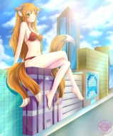 drawing giantess tail city color long_hair barefoot green_eyes brunette sitting fox_girl legs_crossed sitting_on_building pointed_ears batusawa cysh_aizen
