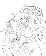 drawing furry size_difference monochrome hanging_on pointed_ears kojiro-brushard