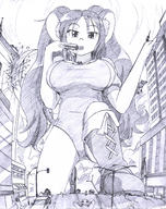 drawing giantess tail city monochrome long_hair tongue destruction licking buildings huge_breasts boots kneeling running cosplay vehicles between_fingers mouse_girl hank88 holding_vehicle between_breasts