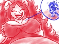 drawing giantess micro horns color huge_breasts smiling breast_play homestuck twisted_persona equius_zahhak aradia_megido on_breasts