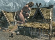breasts giantess mega huge_breasts brunette unknown_artist screenshot skyrim source_needed kneeling_down digital_render
