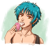 vore color giant male blue_hair yellow_eyes short_hair hand shrunken_woman earrings looking_at_viewer chameleonette