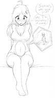 drawing vore monochrome long_hair shrunken_men sitting navel belly inside_view inside_stomach dialogue internal_view starcross