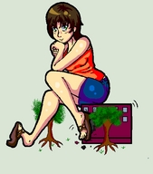 drawing brunette sitting sandals shorts trees top no_background