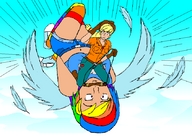 drawing wings blonde color long_hair clothed ponytail mini_giantess shorts flying gag clouds thighs outdoors sky straddling my_little_pony rainbow_dash applejack feathers multicolored_hair zgriffen1 humanized_pony bare_midriff