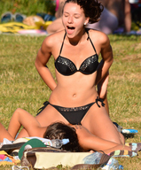 collage swimsuit brunette couple shrunken_men shrunken_man underneath outdoors between_bodies