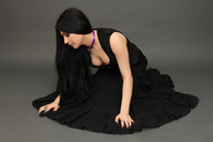 collage long_hair cleavage dress shrunken_men hand shrunken_man floor manicure looking_at_tiny