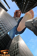 giantess collage barefoot soles low_angle red_hair looking_down skyscraper sky point_of_view looking_at_viewer raised_foot taran imminent_crush