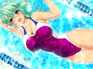drawing color large_breasts swimsuit cleavage red_eyes green_hair pool shrunken_man swimming between_breasts