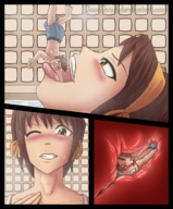 drawing vore blushing comic color brunette haruhi_suzumiya bulge shrunken_man throat dangle swallowed between_fingers commission jora-bora agnitnurk