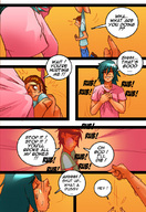 breasts drawing comic aroused color playful blue_hair sweat shrunken_man breast_play bedroom revenge bully agnitnurk maxman night_shirt