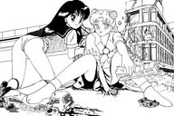 giantess crush panties monochrome destruction sailor_moon uniform bus giantesses looking_at_viewer vehicle_crush train_car