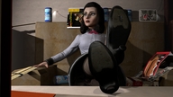 crush feet high_heels shoes brunette shrunken shrunken_men uniform unaware shrunken_man under_foot stuck_to_foot elizabeth bioshock_infinite digital_render booker source_film_maker