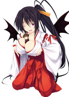 breasts drawing wings black_hair color large_breasts long_hair purple_hair brunette purple_eyes japanese_clothes kimono ponytail demoness shrunken_man open_mouth hakama looking_at_viewer breast_squeeze shrine_maiden winking akeno_himejima high_school_dxd between_breasts issei_hyoudou