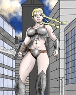 breasts drawing giantess city mega blonde color armor blue_eyes sword handheld warrior muscles looking_down dangle braid tastysnack armorkini
